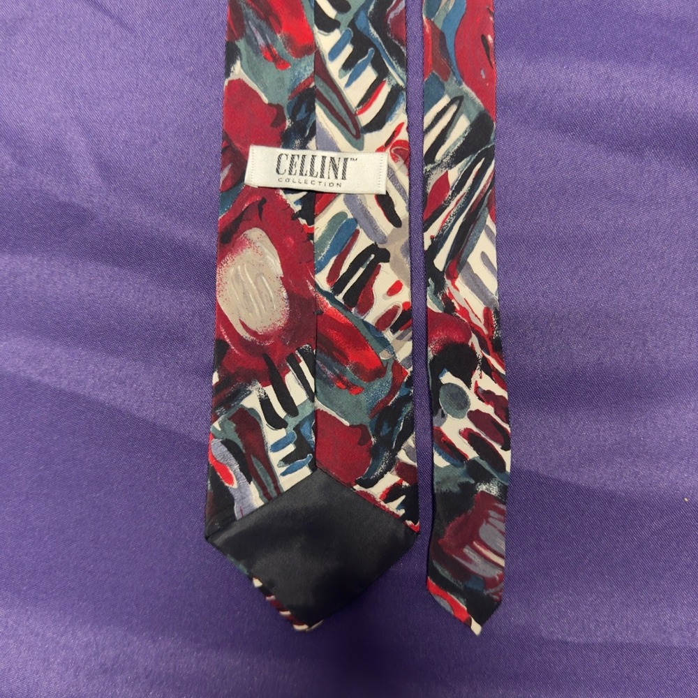 Cellini Collection Men's Silk Tie Abstract Floral Red Blue Black‎ White Neckwear - Picture 4 of 5